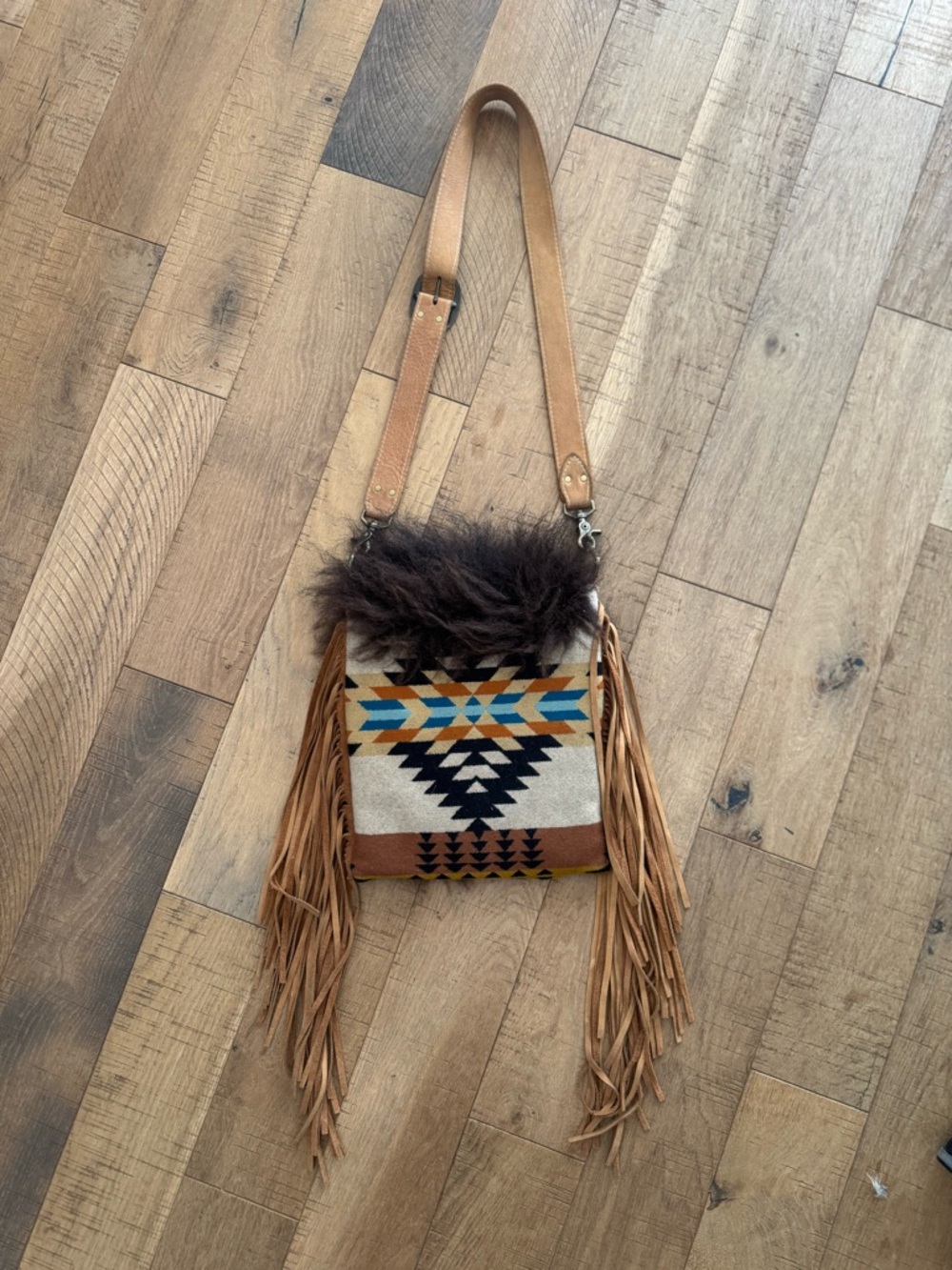 Buffalo hide/hair, Pendleton fabric leather shoulder bag.